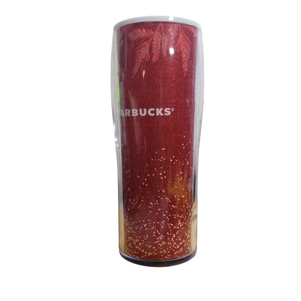 STARBUCKS Tumbler Unisex 16oz Red Glitter Holiday Pine Needle